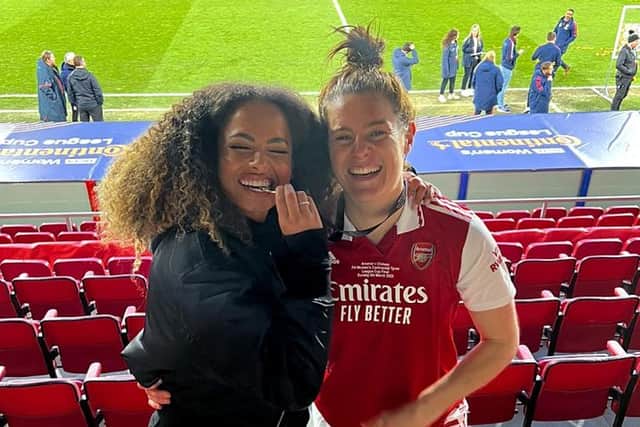 Love Island's Amber Gill with her Arsenal footballer girlfriend Jen Beattie on Sunday.