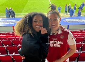 Love Island's Amber Gill with her Arsenal footballer girlfriend Jen Beattie on Sunday.