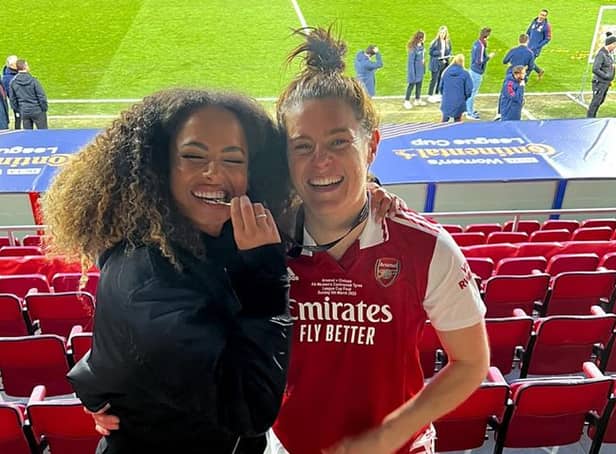 Love Island's Amber Gill with her Arsenal footballer girlfriend Jen Beattie on Sunday.