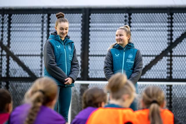 Newcastle United Women’s Daisy Burt and Cara Milne-Redhead drop into a girls football session at NUCASTLE home to Newcastle United Foundation and take part in answering questions in a Q&A. 