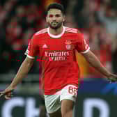 Benfica's Portuguese forward Goncalo Ramos celebrates scoring his team's third goal against Club Brugge. (Photo by CARLOS COSTA/AFP via Getty Images)