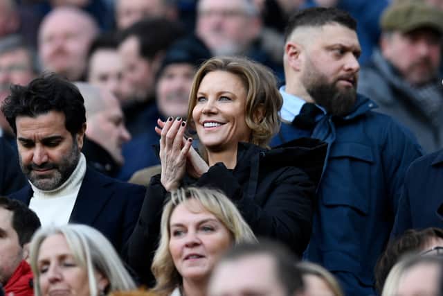 Amanda Staveley (C) applauds ahead of Newcastle United game.