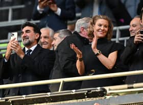 Amanda Staveley (C) applauds ahead of Newcastle United game. 