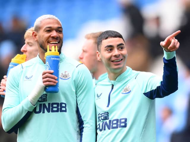 Newcastle United duo Joelinton and Miguel Almiron.  (Photo by Laurence Griffiths/Getty Images)