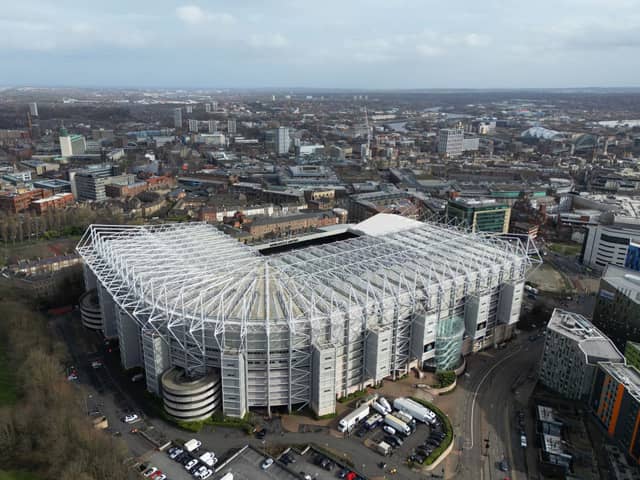 NEWCASTLE UPON TYNE, ENGLAND - MARCH 12: An aerial view of St James' Park prior to the Premier League match between Newcastle United and Wolverhampton Wanderers at St. James Park on March 12, 2023 in Newcastle upon Tyne, England. (Photo by Michael Regan/Getty Images)