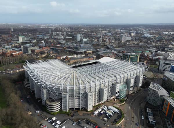 NEWCASTLE UPON TYNE, ENGLAND - MARCH 12: An aerial view of St James' Park prior to the Premier League match between Newcastle United and Wolverhampton Wanderers at St. James Park on March 12, 2023 in Newcastle upon Tyne, England. (Photo by Michael Regan/Getty Images)