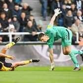Raul Jimenez of Wolverhampton Wanderers and Nick Pope of Newcastle United collide. (Michael Regan/Getty Images)