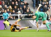 Raul Jimenez of Wolverhampton Wanderers and Nick Pope of Newcastle United collide. (Michael Regan/Getty Images)