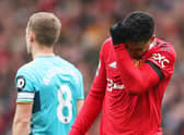 Manchester United midfielder Casemiro was sent off against Southampton last time out.  (Photo by Nathan Stirk/Getty Images)