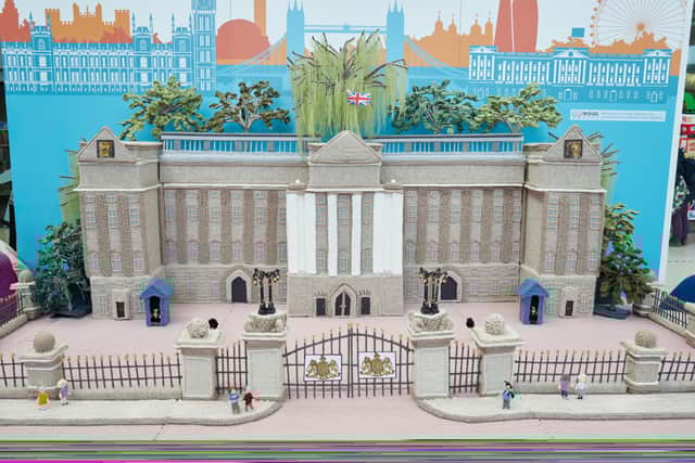 6ft Buckingham Palace knitted out of woll by Margaret Seaman, 93