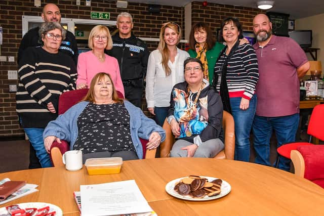 Kim McGuinness and officers from Northumbria Police and Bensham Court Tenants and Residents Association. Funding is to be used towards the costs of running the food bank which assists up to 70 people daily.
