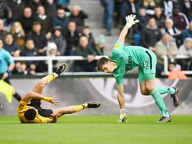 Raul Jimenez of Wolverhampton Wanderers and Nick Pope of Newcastle United collide during the Premier League match between Newcastle United and Wolverhampton Wanderers at St. James Park on March 12, 2023 in Newcastle upon Tyne, England. (Photo by Michael Regan/Getty Images)