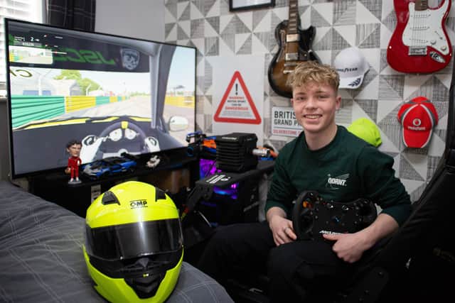 Rookie driver Will Crewdson trains on his professional racing simulator around studying for his GCSEs.