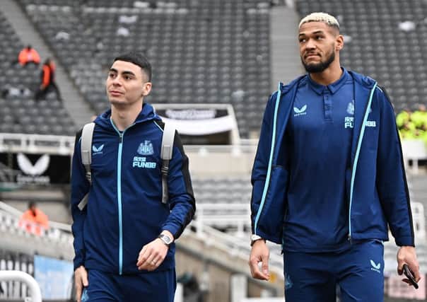 Newcastle United’s Paraguayan midfielder Miguel Almiron (L) and Newcastle United’s Brazilian striker Joelinton (R) arrive for the English Premier League football match between Newcastle United and West Ham United at St James’ Park in Newcastle-upon-Tyne, north east England on February 4, 2023. - RESTRICTED TO EDITORIAL USE. No use with unauthorized audio, video, data, fixture lists, club/league logos or ‘live’ services. Online in-match use limited to 120 images. An additional 40 images may be used in extra time. No video emulation. Social media in-match use limited to 120 images. An additional 40 images may be used in extra time. No use in betting publications, games or single club/league/player publications. (Photo by Oli SCARFF / AFP) / RESTRICTED TO EDITORIAL USE. No use with unauthorized audio, video, data, fixture lists, club/league logos or ‘live’ services. Online in-match use limited to 120 images. An additional 40 images may be used in extra time. No video emulation. Social media in-match use limited to 120 images. An additional 40 images may be used in extra time. No use in betting publications, games or single club/league/player publications. / RESTRICTED TO EDITORIAL USE. No use with unauthorized audio, video, data, fixture lists, club/league logos or ‘live’ services. Online in-match use limited to 120 images. An additional 40 images may be used in extra time. No video emulation. Social media in-match use limited to 120 images. An additional 40 images may be used in extra time. No use in betting publications, games or single club/league/player publications. (Photo by OLI SCARFF/AFP via Getty Images)