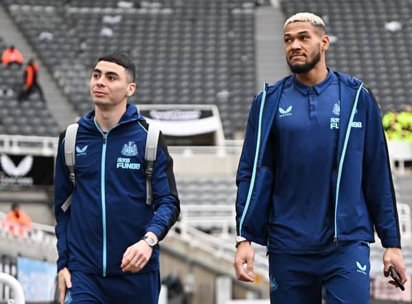 Newcastle United’s Paraguayan midfielder Miguel Almiron (L) and Newcastle United’s Brazilian striker Joelinton (R) arrive for the English Premier League football match between Newcastle United and West Ham United at St James’ Park in Newcastle-upon-Tyne, north east England on February 4, 2023. - RESTRICTED TO EDITORIAL USE. No use with unauthorized audio, video, data, fixture lists, club/league logos or ‘live’ services. Online in-match use limited to 120 images. An additional 40 images may be used in extra time. No video emulation. Social media in-match use limited to 120 images. An additional 40 images may be used in extra time. No use in betting publications, games or single club/league/player publications. (Photo by Oli SCARFF / AFP) / RESTRICTED TO EDITORIAL USE. No use with unauthorized audio, video, data, fixture lists, club/league logos or ‘live’ services. Online in-match use limited to 120 images. An additional 40 images may be used in extra time. No video emulation. Social media in-match use limited to 120 images. An additional 40 images may be used in extra time. No use in betting publications, games or single club/league/player publications. / RESTRICTED TO EDITORIAL USE. No use with unauthorized audio, video, data, fixture lists, club/league logos or ‘live’ services. Online in-match use limited to 120 images. An additional 40 images may be used in extra time. No video emulation. Social media in-match use limited to 120 images. An additional 40 images may be used in extra time. No use in betting publications, games or single club/league/player publications. (Photo by OLI SCARFF/AFP via Getty Images)