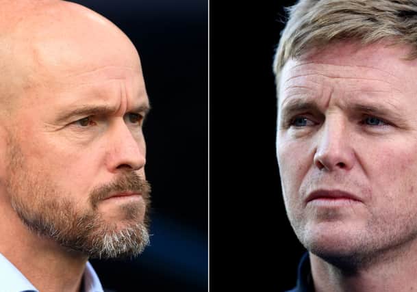 Manchester United manager Erik ten Hag and Newcastle United head coach Eddie Howe. (Photo by Naomi Baker/Getty Images)