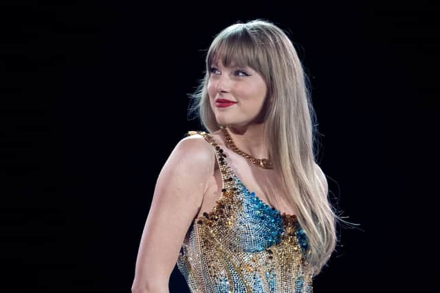 Taylor Swift on the first night of her Eras Tour at AT&T Stadium in Arlington, Texas, on March 31, 2023. (Photo by Suzanne Cordeiro/AFP via Getty Images)