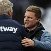 Eddie Howe, Manager of Newcastle United, interacts with David Moyes, Manager of West Ham United, prior to the Premier League match between Newcastle United and West Ham United at St. James Park on February 04, 2023 in Newcastle upon Tyne, England. (Photo by Ian MacNicol/Getty Images)