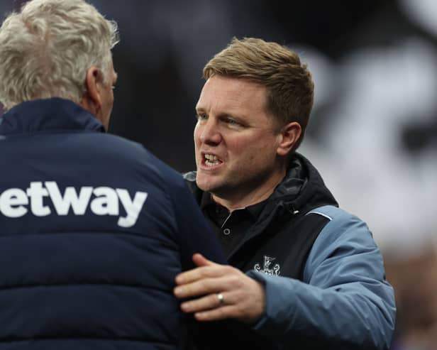 Eddie Howe, Manager of Newcastle United, interacts with David Moyes, Manager of West Ham United, prior to the Premier League match between Newcastle United and West Ham United at St. James Park on February 04, 2023 in Newcastle upon Tyne, England. (Photo by Ian MacNicol/Getty Images)