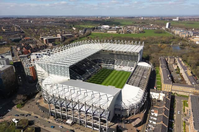 An aerial view of the stadium before the Premier League match between Newcastle United and Manchester United at St. James Park on April 02, 2023 in Newcastle upon Tyne, England. (Photo by Michael Regan/Getty Images)