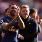 Callum Wilson celebrates alongside Eddie Howe, Manager of Newcastle United, after the team's victory in the Premier League match between Brentford FC and Newcastle United at Brentford Community Stadium on April 08, 2023 in Brentford, England. (Photo by Alex Pantling/Getty Images)