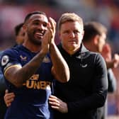 Newcastle United striker Callum Wilson (left) and head coach Eddie Howe (right). (Photo by Alex Pantling/Getty Images)