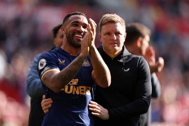 Newcastle United striker Callum Wilson (left) and head coach Eddie Howe (right). (Photo by Alex Pantling/Getty Images)