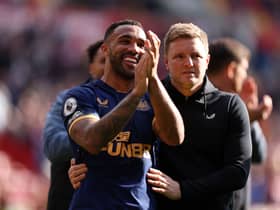 Newcastle United striker Callum Wilson (left) and head coach Eddie Howe (right). (Photo by Alex Pantling/Getty Images)