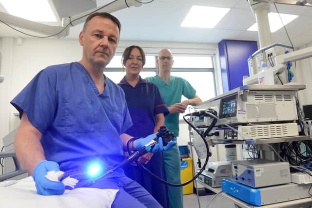 Prof Colin Rees has been conducting a study into detecting the signs of bowel cancer using AI with his team Jill Effard, research nurse, and Alexander Seager, research fellow (right). 