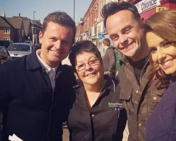 Cheryl with Ant & Dec in their hometown of Newcastle. (Credit: ITV)