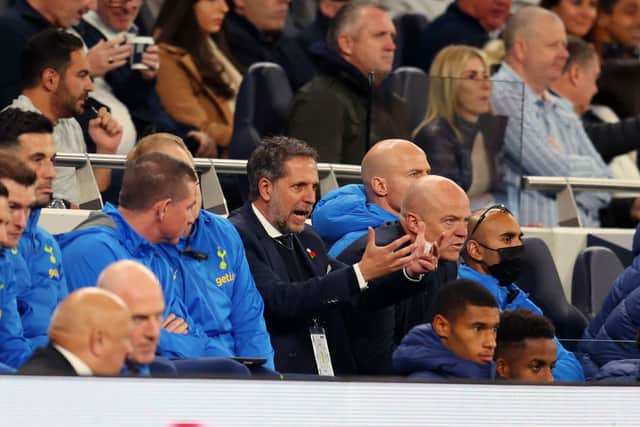 Fabio Paratici Managing Director of Football at Tottenham Hotspur reacts during the Premier League match between Tottenham Hotspur and Manchester United at Tottenham Hotspur Stadium on October 30, 2021 in London, England.