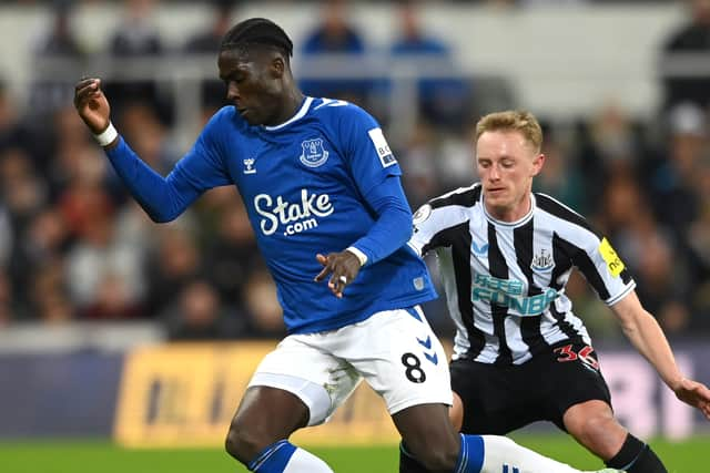  Everton player Amadou Onana in action during the Premier League match between Newcastle United and Everton FC at St. James Park on October 19, 2022 in Newcastle upon Tyne, England. (Photo by Stu Forster/Getty Images)