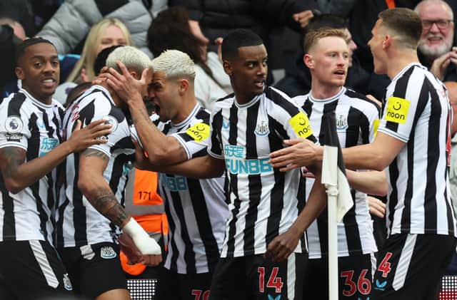 Newcastle United celebrate scoring against Spurs. 