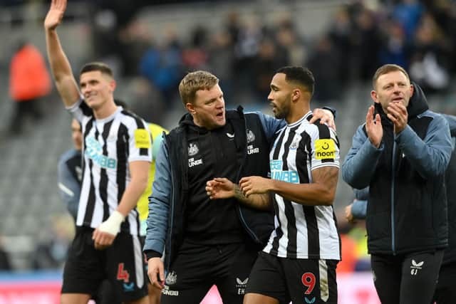 Newcastle United head coach Eddie Howe (right) and striker  Callum Wilson (right).  (Photo by Stu Forster/Getty Images)