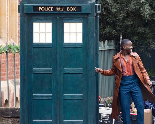 Ncuti Gatwa was seen jumping in and out of the Tardis on set in Bristol.