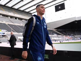 Miguel Almiron of Newcastle United arrives at the stadium prior to the Premier League match between Newcastle United and Tottenham Hotspur at St. James Park on April 23, 2023 in Newcastle upon Tyne, England. (Photo by Stu Forster/Getty Images)