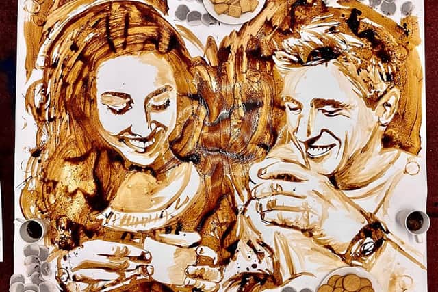 Nathan Wyburn's new artwork - 'Catch up over a coffee' - made out of coffee - specially created for Samaritans Brew Monday
