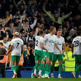 Newcastle United's Brazilian striker Joelinton (L) celebrates scoring the team's second goal during the English Premier League football match between Everton and Newcastle United at Goodison Park in Liverpool, north-west England on April 27, 2023. (Photo by Oli SCARFF / AFP)