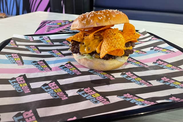 The burgers feature unique toppings.
