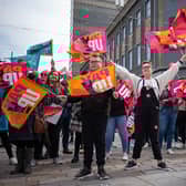 Teachers from the National Education Union demonstrate in central Middlesbrough as part of a further day of industrial action by teachers on April 27, 2023 in Middlesbrough, England. There were widespread school closures in England as members of the National Education Union (NEU) went on strike for a fourth day this year. A fifth strike day is scheduled for May 2. (Photo by Ian Forsyth/Getty Images)