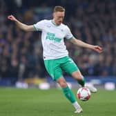 Sean Longstaff of Newcastle United during the Premier League match between Everton FC and Newcastle United at Goodison Park on April 27, 2023 in Liverpool, England. (Photo by Alex Livesey/Getty Images)