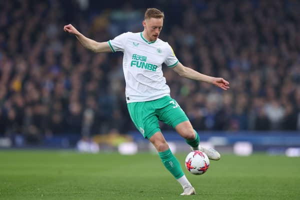 Sean Longstaff of Newcastle United during the Premier League match between Everton FC and Newcastle United at Goodison Park on April 27, 2023 in Liverpool, England. (Photo by Alex Livesey/Getty Images)