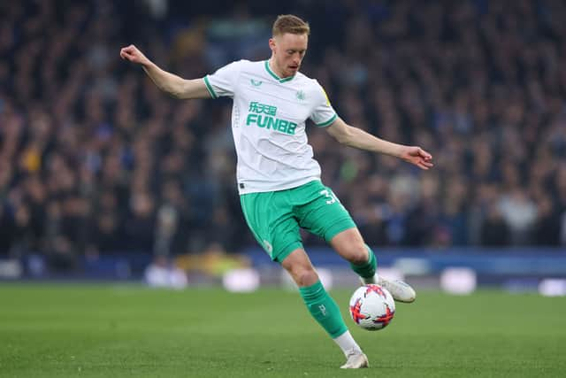 Sean Longstaff of Newcastle United during the Premier League match between Everton FC and Newcastle United at Goodison Park on April 27, 2023 in Liverpool, England. (Photo by Alex Livesey/Getty Images)