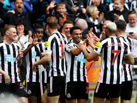 Alexander Isak of Newcastle United ( 2nd from left) celebrates after scoring the team’s fifth goal with team mates during the Premier League match between Newcastle United and Tottenham Hotspur at St. James Park on April 23, 2023 in Newcastle upon Tyne, England. (Photo by Clive Brunskill/Getty Images)