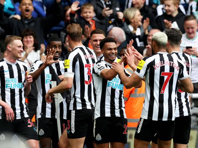 Alexander Isak of Newcastle United ( 2nd from left) celebrates after scoring the team’s fifth goal with team mates during the Premier League match between Newcastle United and Tottenham Hotspur at St. James Park on April 23, 2023 in Newcastle upon Tyne, England. (Photo by Clive Brunskill/Getty Images)