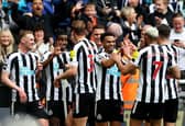 Alexander Isak of Newcastle United ( 2nd from left) celebrates after scoring the team’s fifth goal with team mates during the Premier League match between Newcastle United and Tottenham Hotspur at St. James Park on April 23, 2023 in Newcastle upon Tyne, England. (Photo by Clive Brunskill/Getty Images)
