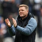 Eddie Howe, Manager of Newcastle United, applauds the fans following the Premier League match between Newcastle United and Southampton FC at St. James Park on April 30, 2023 in Newcastle upon Tyne, England. (Photo by Matt McNulty/Getty Images)