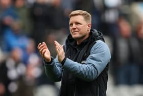 Eddie Howe, Manager of Newcastle United, applauds the fans following the Premier League match between Newcastle United and Southampton FC at St. James Park on April 30, 2023 in Newcastle upon Tyne, England. (Photo by Matt McNulty/Getty Images)