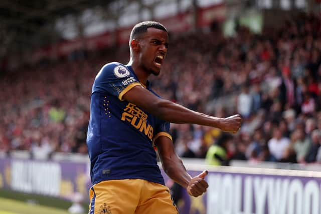 Alexander Isak of Newcastle United celebrates after scoring the team’s second goal during the Premier League match between Brentford FC and Newcastle United at Brentford Community Stadium on April 08, 2023 in Brentford, England.