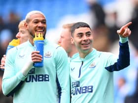 Newcastle United duo Joelinton (left) and Miguel Almiron (right). (Photo by Laurence Griffiths/Getty Images)